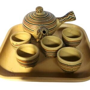 Rare Signed Tokoname Kyutsu Minature Marble Teaset For 5 with Tray
